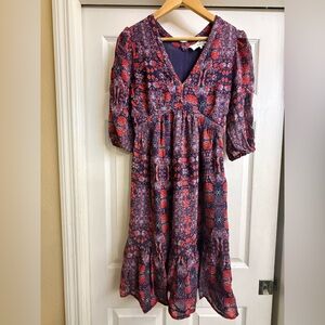 ba&sh Red and Blue Patterned Long Sleeve Dress